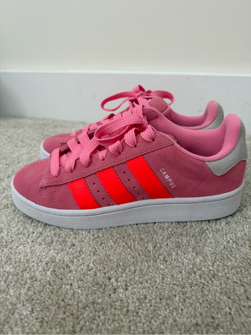 Brand new never worn Adidas' Pink campus Sneakers with Neon Orange- red stripes - Picture 5 of 7